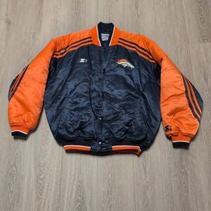 Vintage 90s Denver Broncos Pro Line‎ NFL Satin Bomber Jacket Mens L Navy Orange